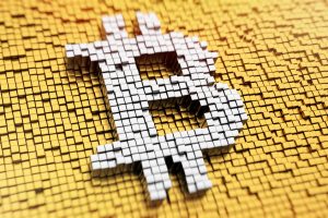 Pixelated Bitcoin symbol made from cubes, mosaic pattern