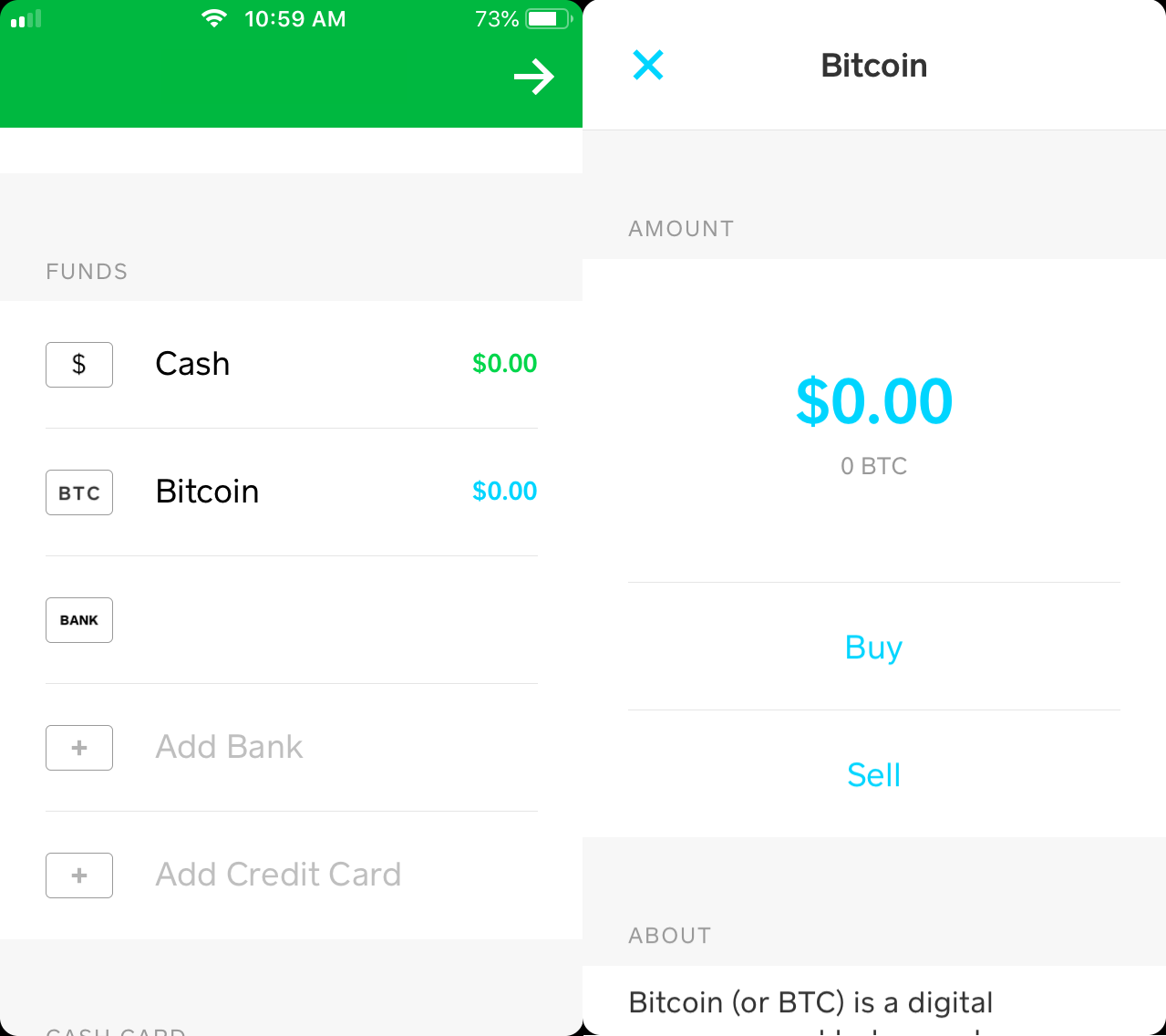 Square cash app buy coin screen.