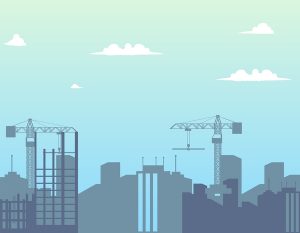 City skyline with cranes.
