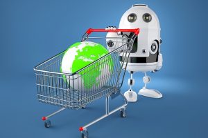 White robot pushing a shopping cart with a globe in the basket.