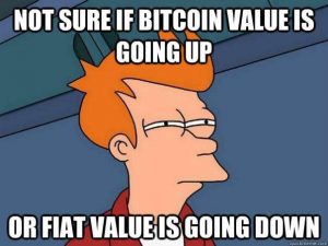 Not sure if bitcoin value is going up or fiat value is going down.