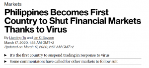 Phillippines becomes first country to shut financial markets thanks to virus