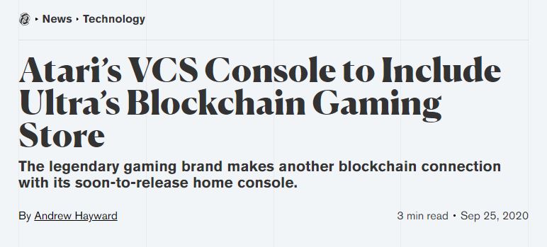 Atari’s VCS Console to Include Ultra’s Blockchain Gaming Store