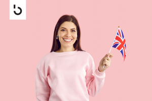 smiling woman with british flag
